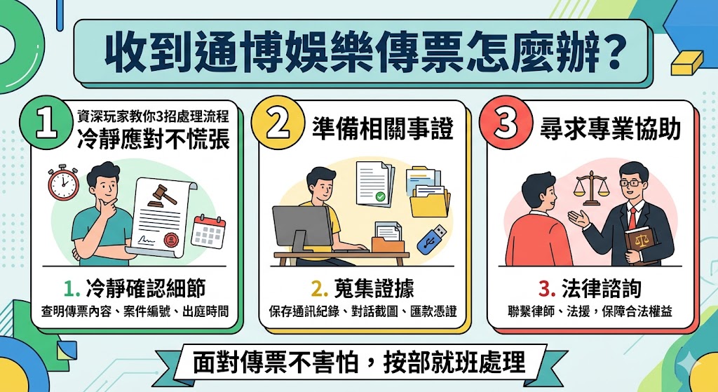 收到通博娛樂相關的傳票時，第一要務是保持冷靜並確認文件真偽，避免陷入詐騙陷阱。資深玩家建議的第一招是「核實身分」，確認傳票上的案號與機關，並主動撥打官方電話查詢，切勿撥打傳票上的陌生號碼。第二招是「蒐集證據」，整理好在該平台的投注紀錄、金流往來及對話截圖，釐清自己是純粹娛樂的玩家或是受害者，並在必要時諮詢法律專家，了解如何配合調查以降低法律風險。第三招則是「主動應對」，若確認為真實傳票，應如期到庭說明，誠實交代資金來源與去向，通常初次涉及且情節輕微者，有機會爭取緩起訴或易科罰金。掌握正確的處理流程，能讓您在法律程序中不慌張，更有效地保護個人權益並終結法律糾紛。
